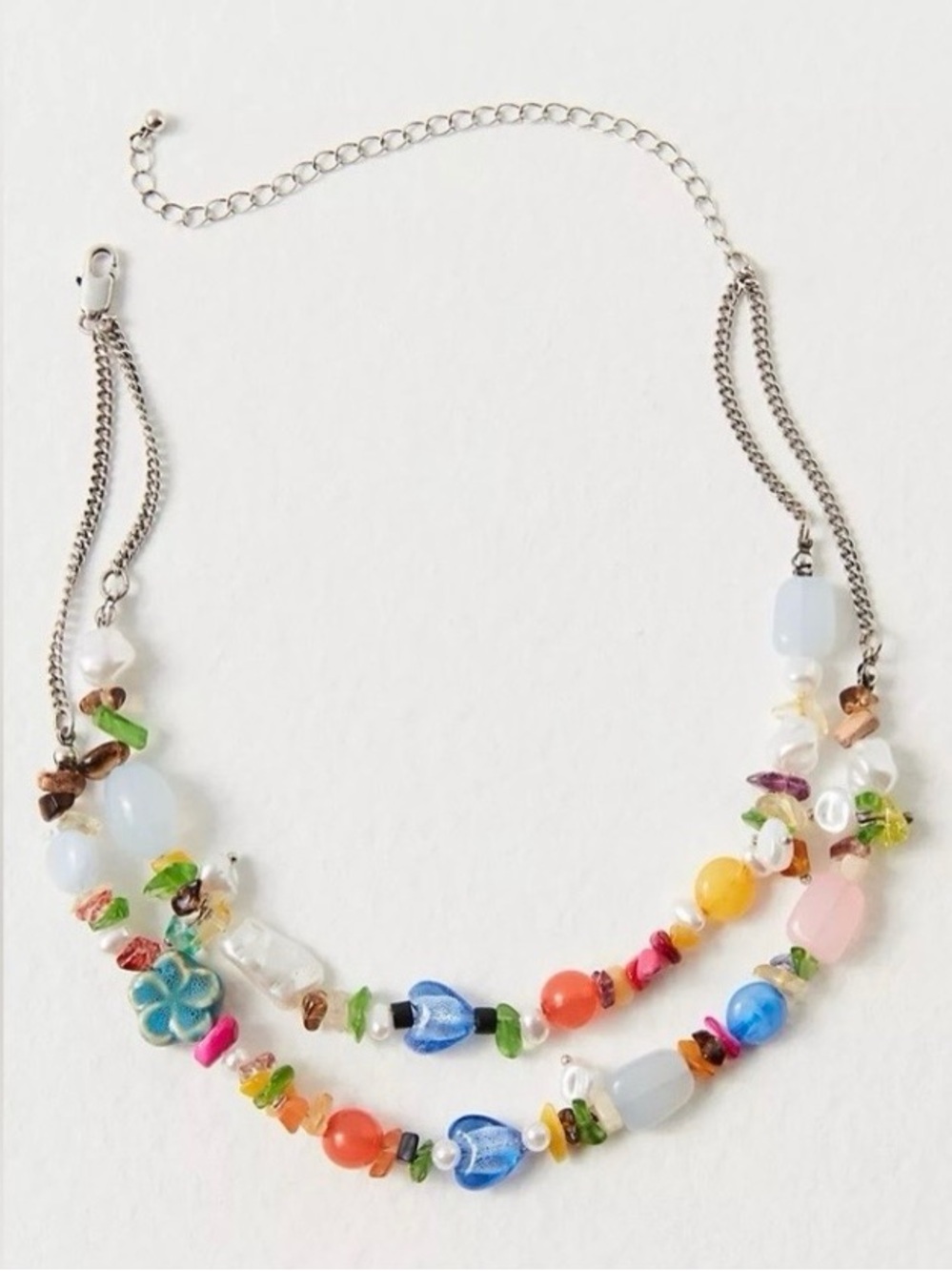 NWT Free People Steal The Show Layered Beaded Choker Necklace Multi Color Silver